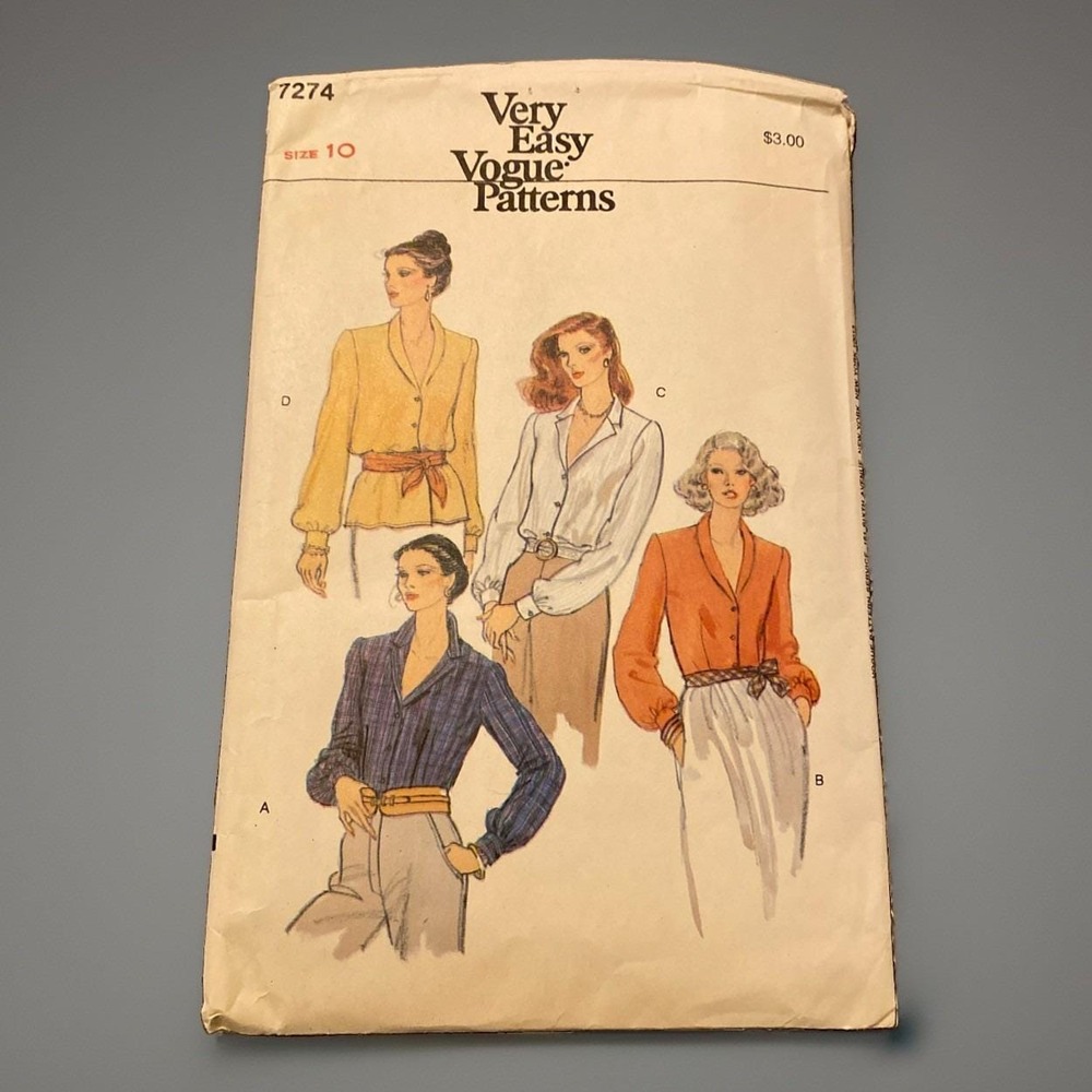 1970s Vogue 7274 Very Easy Sewing Pattern Semi Fitted Blouses Shawl Collar Sz 8